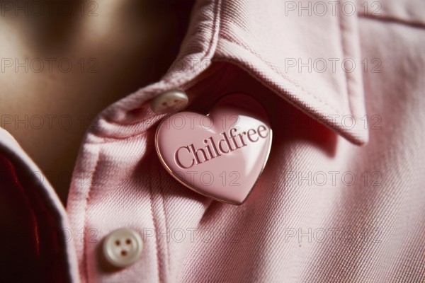 Close up of pink childfree brooch on cotton shirt symbolizes women's freedom and the choice to live