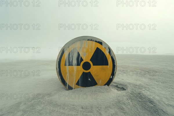 Round radiation warning sign in scorched earth. Symbol for danger of nuclear war and environmental