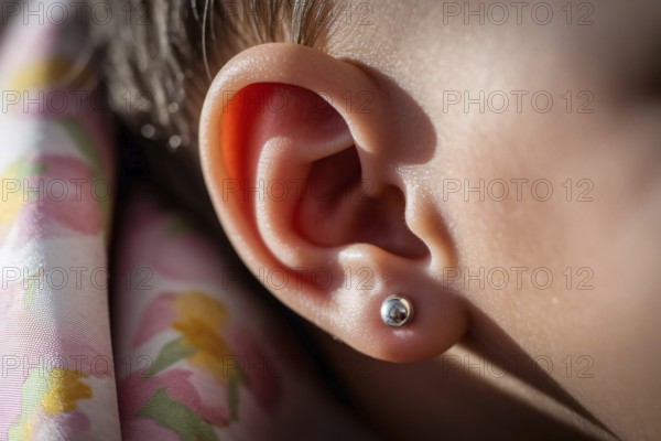 Delicate silver earring stud in baby's ear bathed in warm golden light. Tender moment with subtle