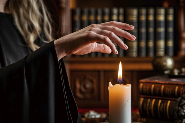Woman's hand above flickering candle flame. A moment of witchcraft, mystery, and feminine power.