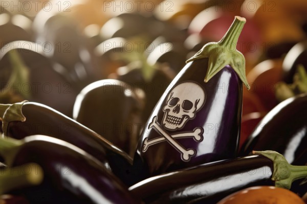 Skull-carved eggplant warns of hidden toxins or pesticides in fresh produce at farmer's market.