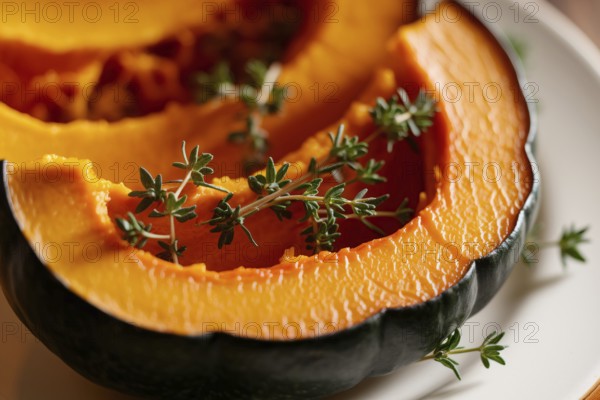 Caramelized roasted pumpkin slices with thyme. A close-up view of seasonal comfort food in warm,
