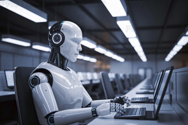 White AI robot with headset seated at workstation in empty office. Stark lighting and abandoned