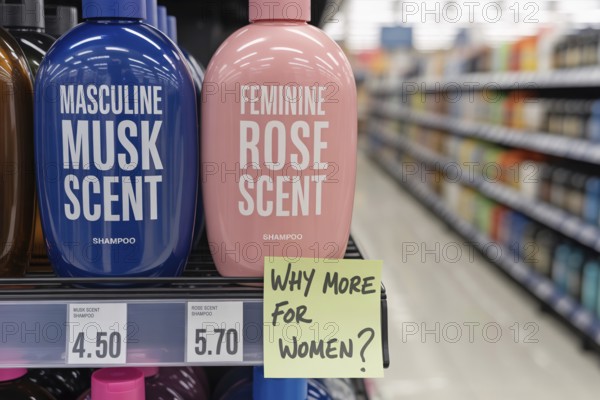 Pink tax concept shpwing two gendered shampoo bottles priced differently. Blue masculine and pink
