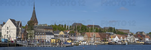 City view with St. Marien church, harbour, Flensburg, Flensburg Fjord, Baltic Sea,