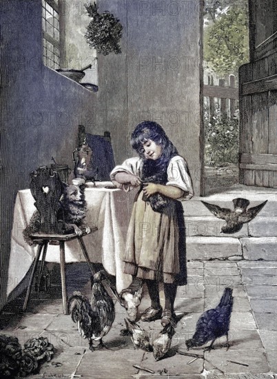 Breakfast together, children's breakfast with dog, chickens and pigeons, after a painting by Fr.