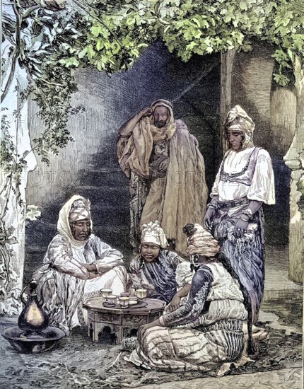 An Arab family in Algeria, sitting together and havin teatime, Illustration from 1894,