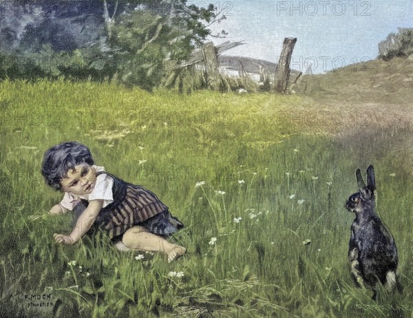 Hasenfuss, Hasenfüße, little girl lying in the meadow and watching a hare, for a painting by F.