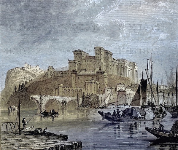 View of the city of Avignon on the Rhone in Provence in southern France, illustration, published