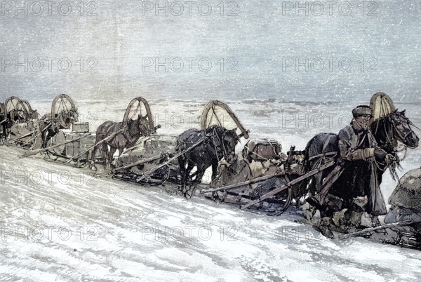 Russian tea transport by horse-drawn sleigh in winter, illustration, published 1890, reproduction,