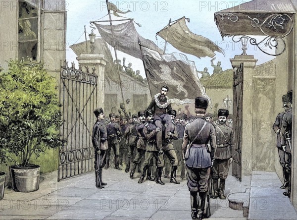 Alexander I, Prince of Bulgaria, who was elected from 1879 to 1886, being carried by the Bulgarian