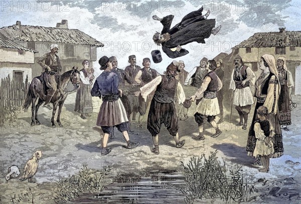 The, bouncing, the pop in old Serbia, the pope is thrown in the air with a cloth, original drawing