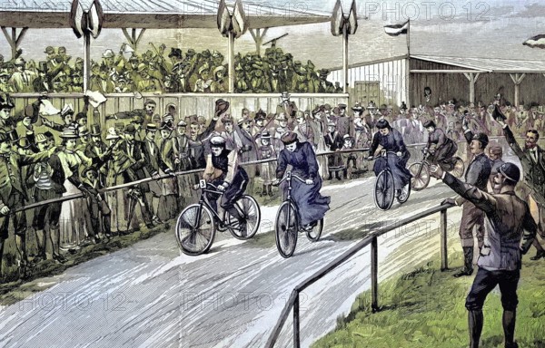 The first woman's race on the race track in Halensee near Berlin, Germany, illustration, published