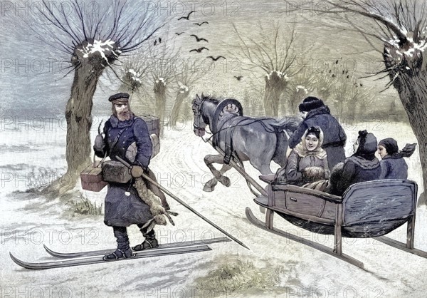 Postman in the countryside with snowshoes in East Prussia and a horse-drawn carriage, illustration,