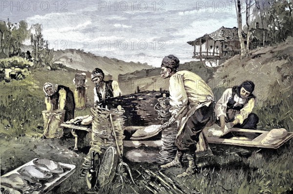 Kakheti, a region in Georgia, people baking bread with a simple oven, a tornia, illustration from