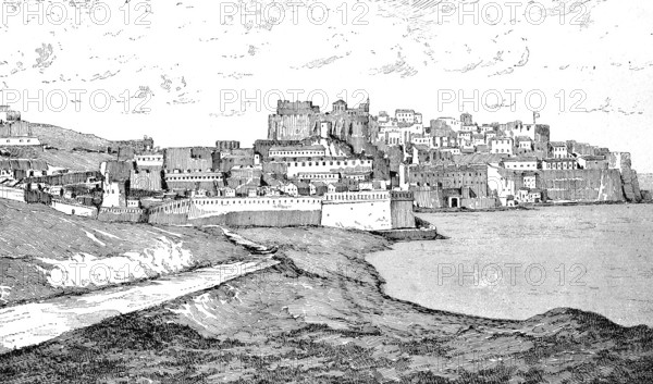 The Spanish city of Melilla, part of Africa, in 1880, autonomous city, illustration from 1894,