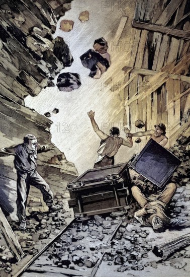 A pit, miners are seriously injured or killed by falling rocks, Germany, illustration, published