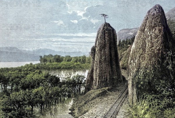 Rocks and railway tracks on the Columbia River in Washington State, North America, historical image
