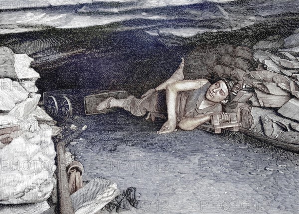 Mine, mining of slate, copper slate, transport with a lorry or mine cart, mine in Mansfeld, near