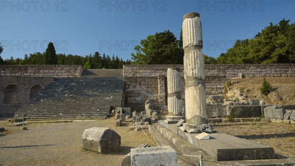 Ancient ruins with broken columns and stairs, surrounded by nature, Asklepios Temple, Asklipion,