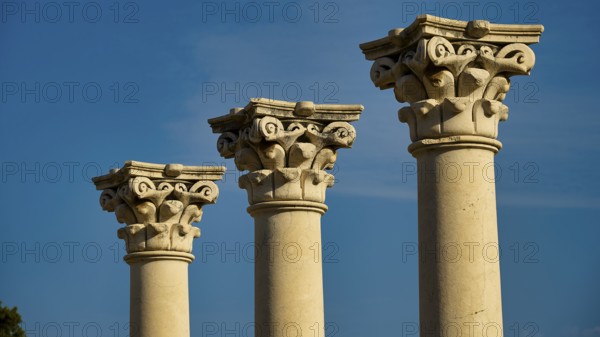 Three ancient columns with ornate capitals against a clear blue sky, Temple of Apollo, Corinthian
