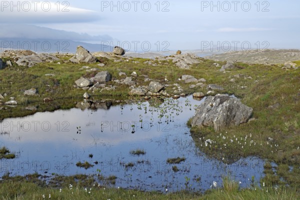Small pond in a tranquil moorland landscape with rocks and clouds, Tarbert, Isle of Lewis,