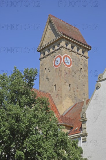 Tower with clock from the former Emma-Jaeger-Bad, swimming pool built in 1911 in Art Nouveau style,