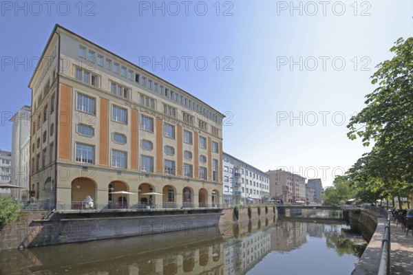 Melanchthonhaus with arcade built in 1914, reflection, Enz, bank, Rossbrücke, bridge, Pforzheim,