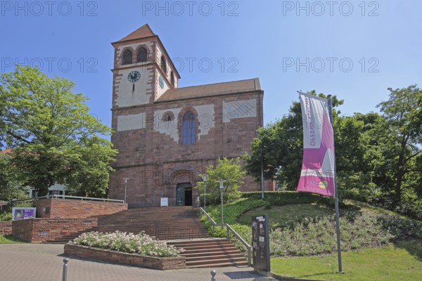 Late Gothic castle church with staircase and flag with inscription open church, St Michael,