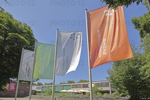 Flags with inscription Jewellery Museum, Reuchlinhaus, Pforzheim, Northern Black Forest, Black