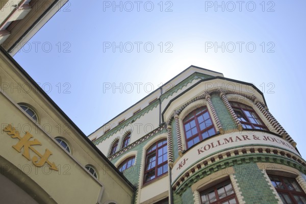 Kollmar & Jourdan House built in 1910, Technical Museum, Art Nouveau, view upwards, emblem,