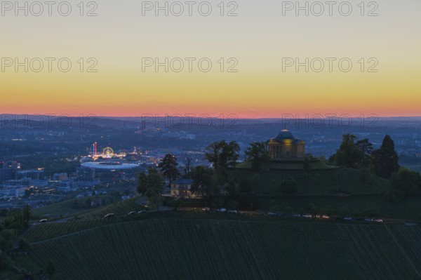 View of a chapel and town at sunset, with lights and vineyards, grave chapel, Zum Württemberg,