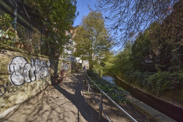 Footpath, sandstone wall, graffiti, metal railing, river Münstersche Aa, trees, bushes, shadow,