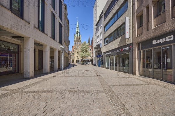 Pedestrian zone, retail shops, Stadthausturm, architectural style neo-renaissance, architect Alfred