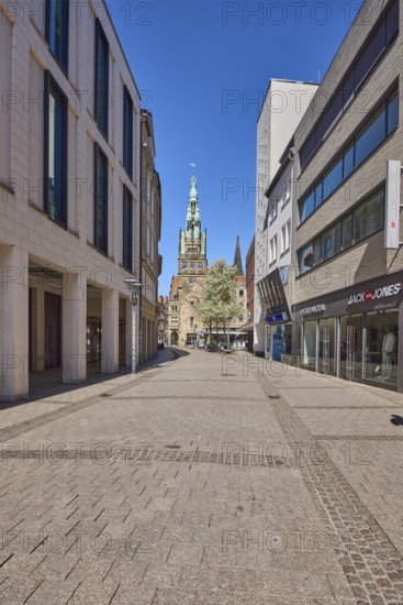 Pedestrian zone, retail shops, Stadthausturm, architectural style neo-renaissance, architect Alfred