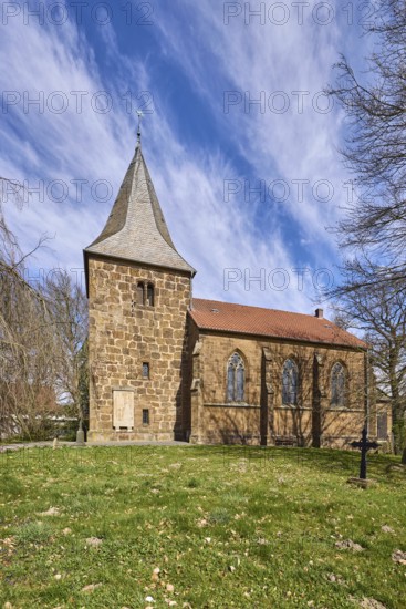 Volmerdingsen Protestant Church, Neo-Gothic architectural style, sandstone building, bare winter