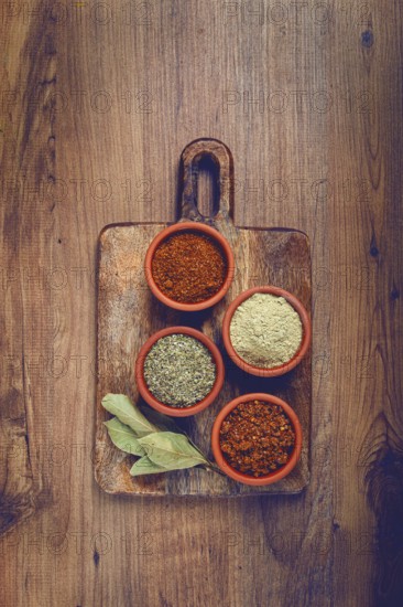 Georgian spices, in ceramic bowls, assortment, set of spices, utsho, adjika, Svan salt, ground