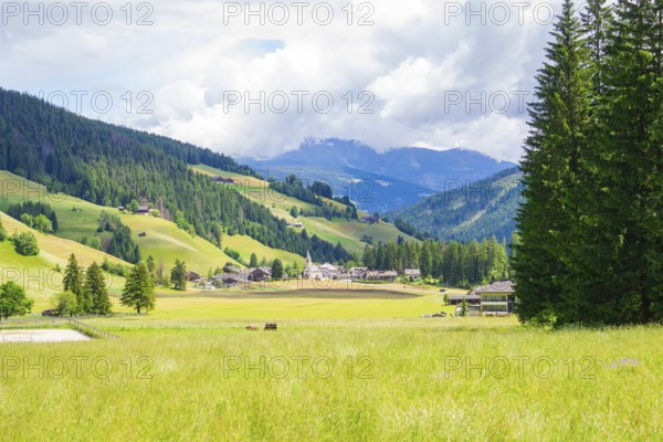 Idyllic landscape with mountains and village, surrounded by green meadows and forests, Alpe di