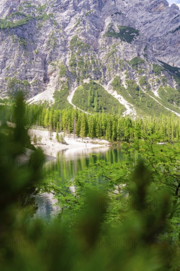 A mountainous background behind a green forest reflected in a clear lake, Pragser Wildsee, South