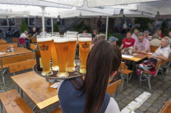 Waitress serving six glasses of wheat beer on a tray to the tables of a garden restaurant, Bavaria,