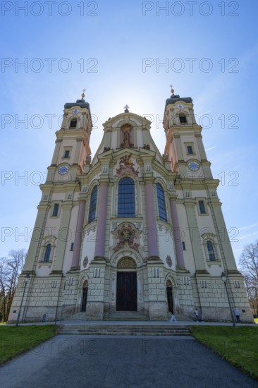 East tower of the baroque Basilica of St Alexander and Theodor, backlit, Ottobeuren Monastery,