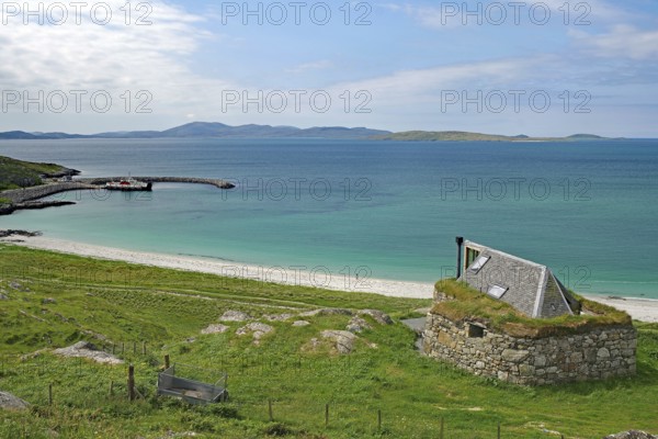 Expansive beach landscape with a lonely stone house and rolling hills in the background, Bonnie