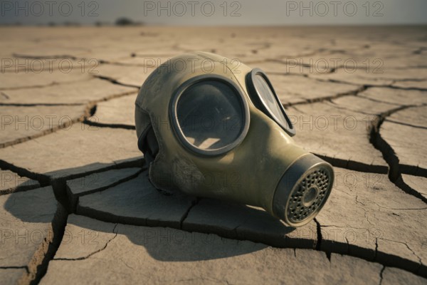 Gas mask on cracked earth. Symbol of environmental collapse and human vulnerability. Generative ai,