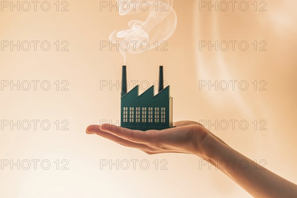 A detailed miniature green factory model with smoke held in hand against white background. Concept