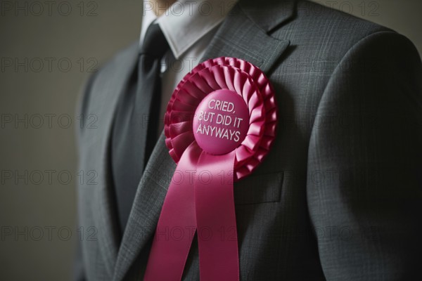 Satirical rosette on men's suit with text I cried, but I did it anyways. Irony of