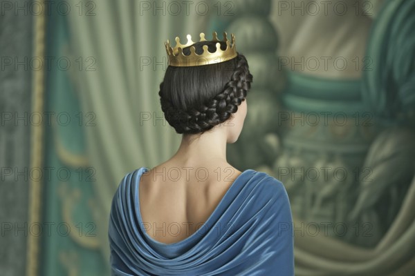Back view of woman in golden crown. Elegant portrait symbolizes female empowerment and female
