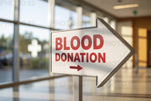 White directional arrow sign with red Blood Donation text inside a hospital. Generative Ai, AI