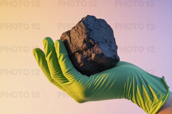 Green glove holding coal. A symbolic image critiquing greenwashing and environmental hypocrisy.