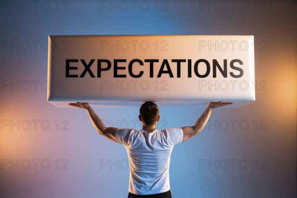 Back view of man straining under reflective block labeled expectations in front of studio