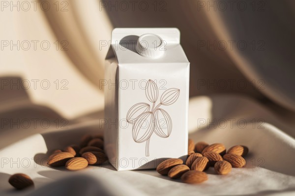 Photorealistic almond milk carton with hand-drawn almond branch illustration and no text in warm